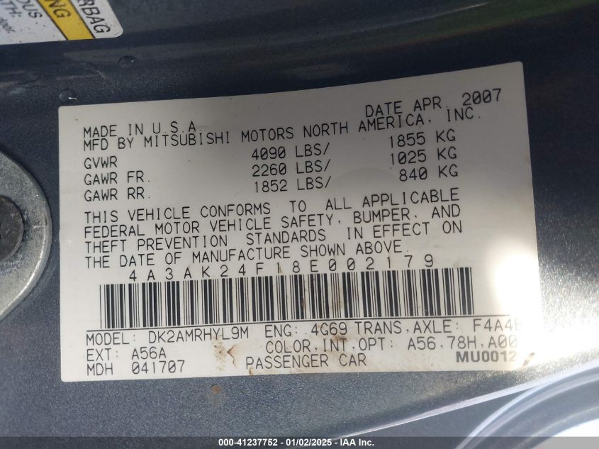 2008 Mitsubishi Eclipse Gs VIN: 4A3AK24F18E002179 Lot: 41237752