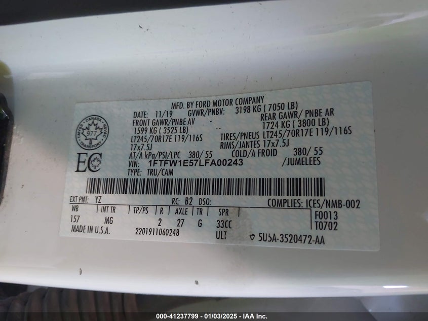2020 FORD F-150 VIN: 1FTFW1E57LFA00243