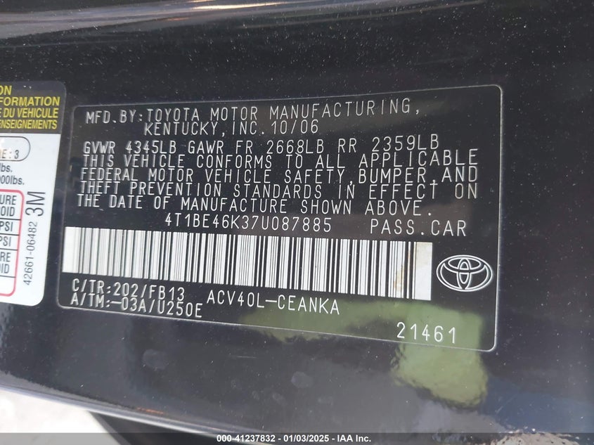 2007 TOYOTA CAMRY VIN: 4T1BE46K37U087885