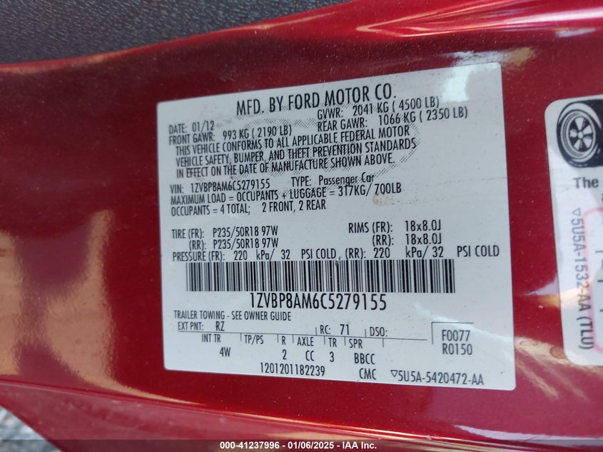 2012 FORD MUSTANG VIN: 1ZVBP8AM6C5279155