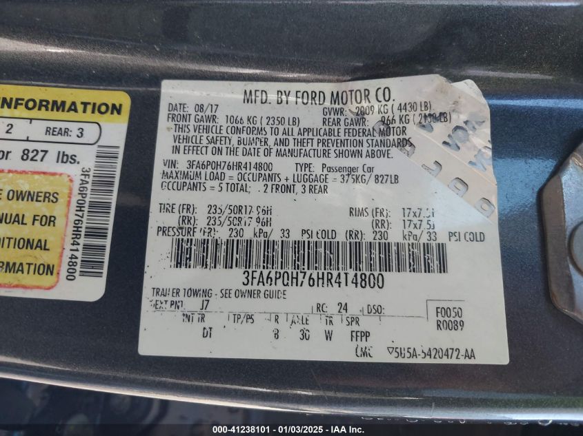 VIN 3FA6P0H76HR414800 2017 Ford Fusion, SE no.9