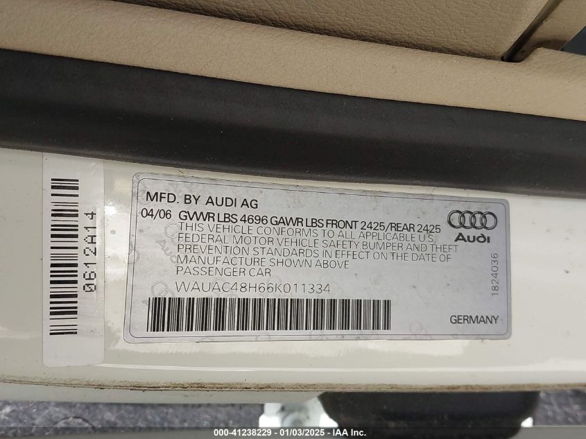 2006 Audi A4 1.8T VIN: WAUAC48H66K011334 Lot: 41238229