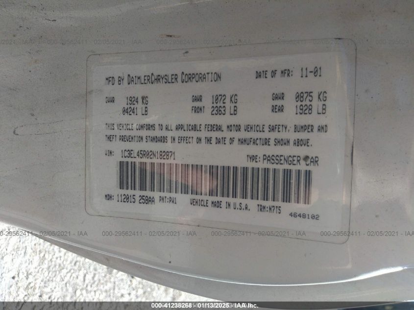 2002 Chrysler Sebring Lx VIN: 1C3EL45R02N182871 Lot: 41238268