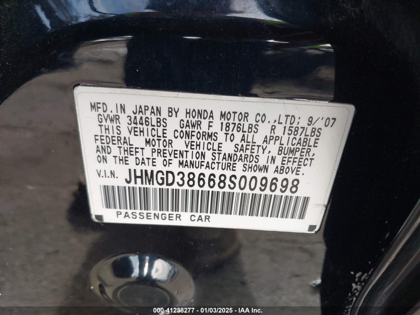 2008 HONDA FIT VIN: JHMGD38668S009698