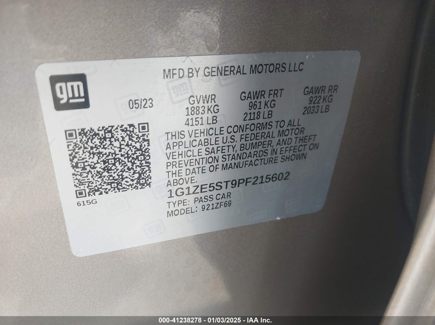 2023 CHEVROLET MALIBU VIN: 1G1ZE5ST9PF215602