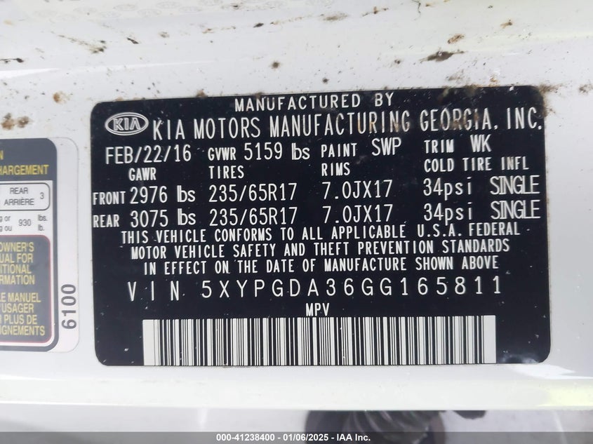 2016 KIA SORENTO VIN: 5XYPGDA36GG165811