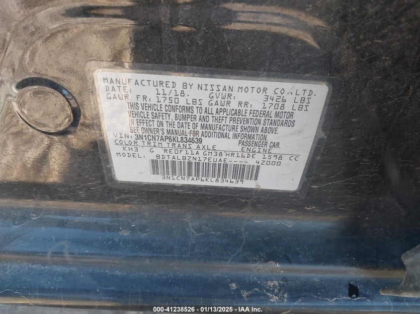 2019 NISSAN VERSA 1.6 SV - 3N1CN7AP6KL834639