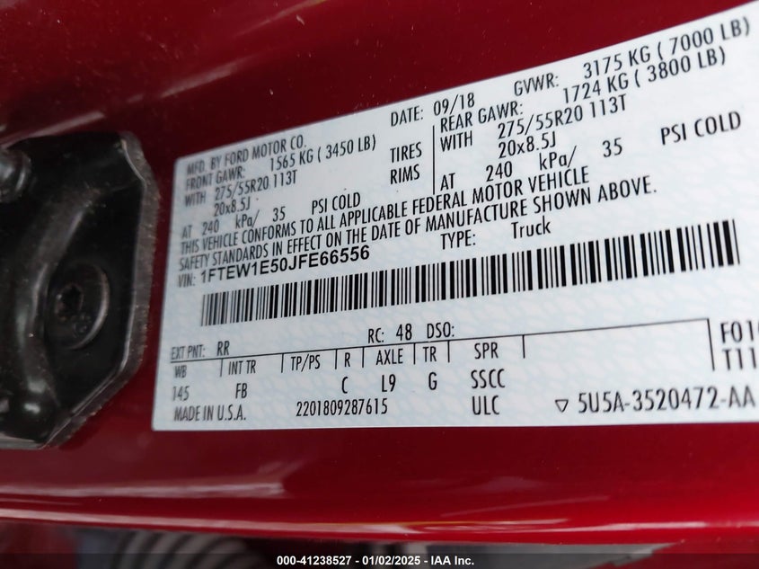 2018 FORD F-150 VIN: 1FTEW1E50JFE66556