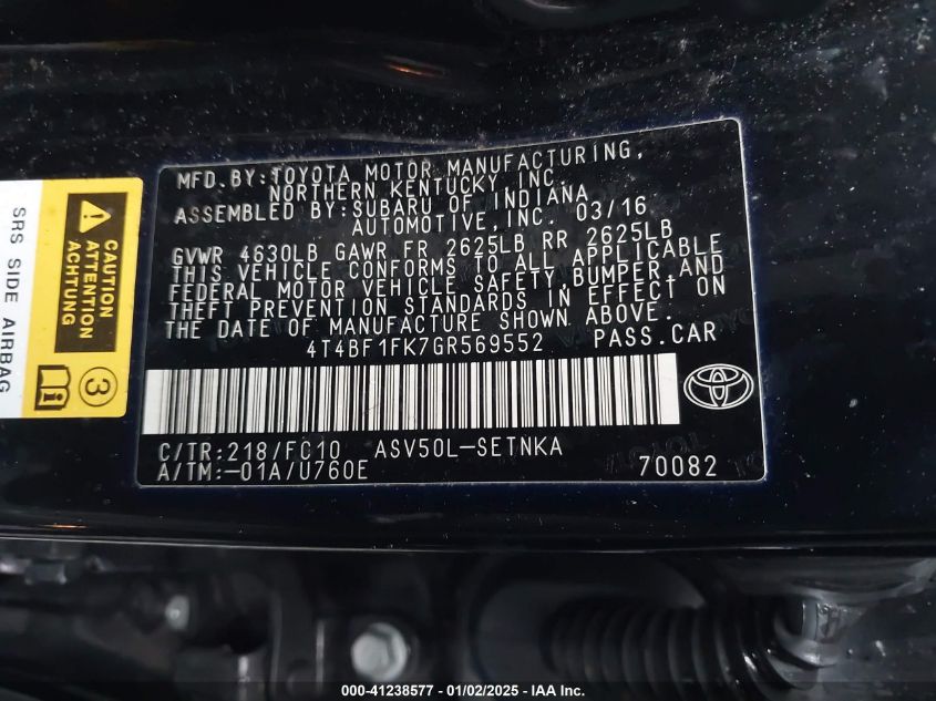 VIN 4T4BF1FK7GR569552 2016 TOYOTA CAMRY no.9