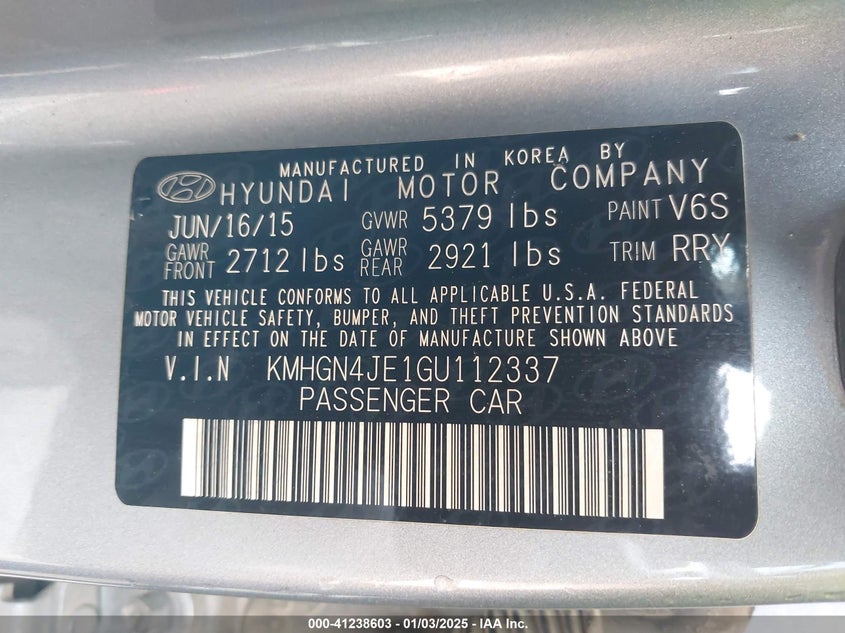 2016 HYUNDAI GENESIS VIN: KMHGN4JE1GU112337