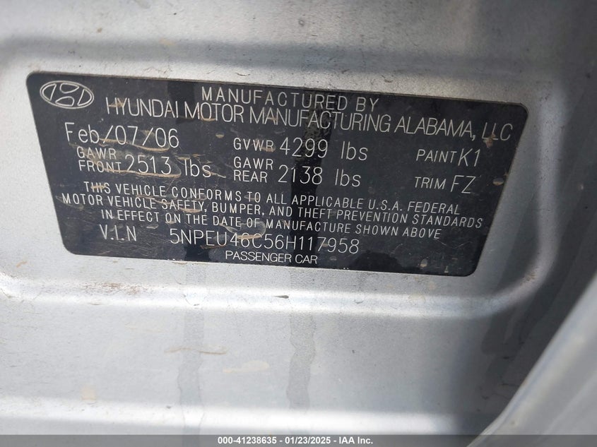 2006 HYUNDAI SONATA VIN: 5NPEU46C56H117958