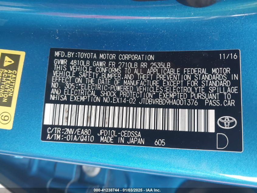 VIN JTDBVRBD9HA001376 2017 TOYOTA MIRAI no.9