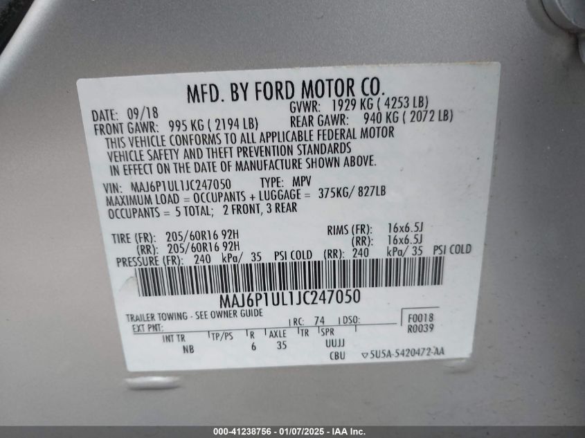 2018 Ford Ecosport Se VIN: MAJ6P1UL1JC247050 Lot: 41238756