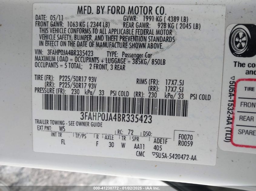 2011 Ford Fusion Sel VIN: 3FAHP0JA4BR335423 Lot: 41238772