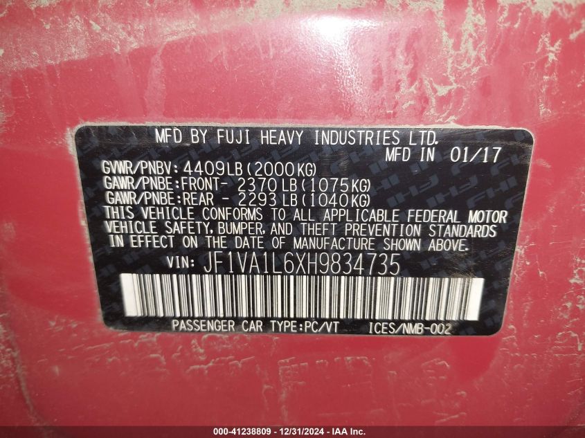 2017 SUBARU WRX VIN: JF1VA1L6XH9834735