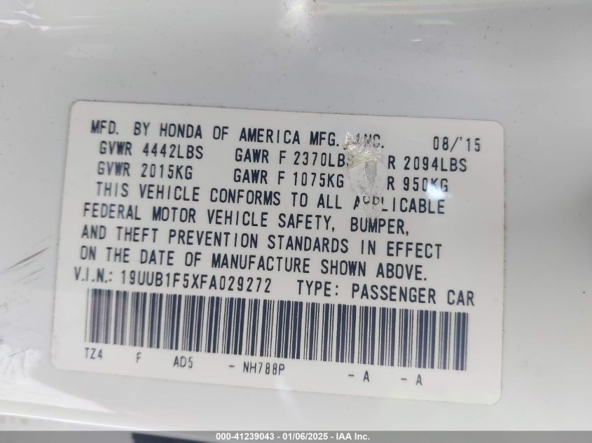 VIN 19UUB1F5XFA029272 2015 ACURA TLX no.9