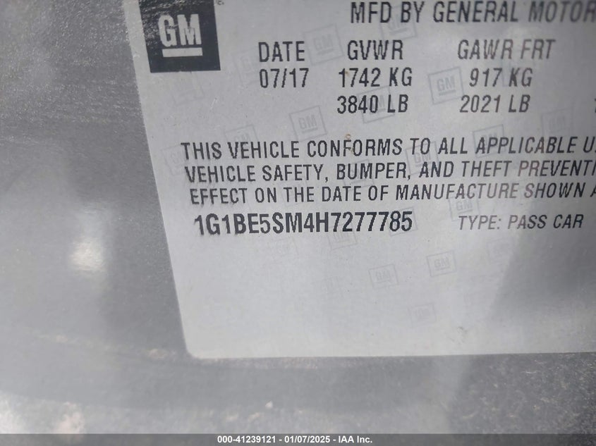 2017 CHEVROLET CRUZE VIN: 1G1BE5SM4H7277785