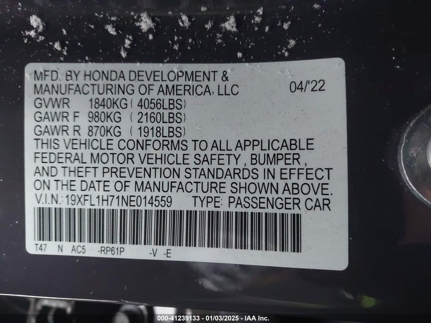 2022 HONDA CIVIC VIN: 19XFL1H71NE014559
