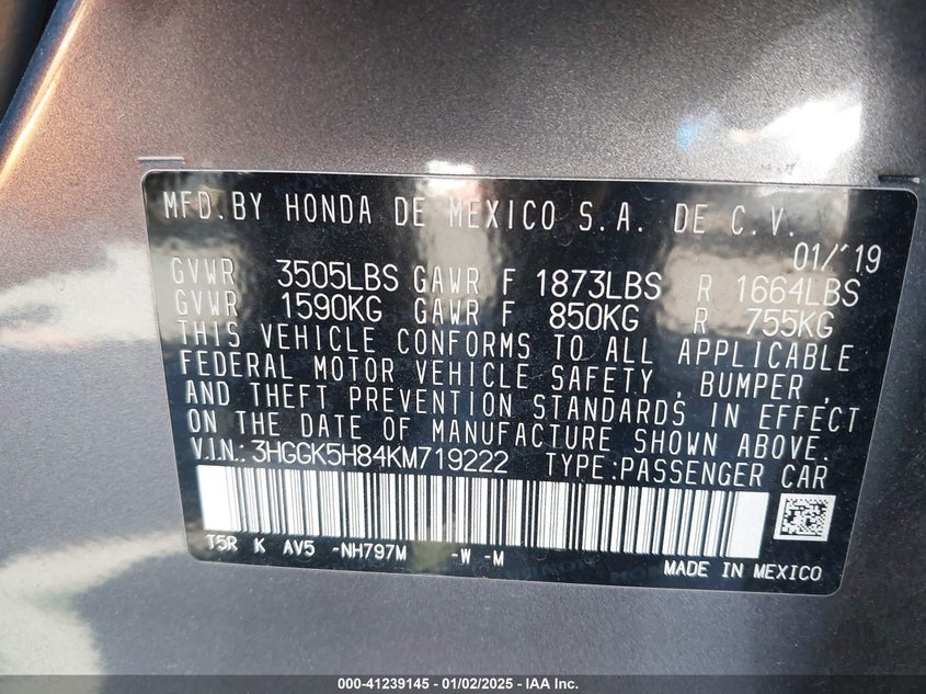 2019 HONDA FIT VIN: 3HGGK5H84KM719222
