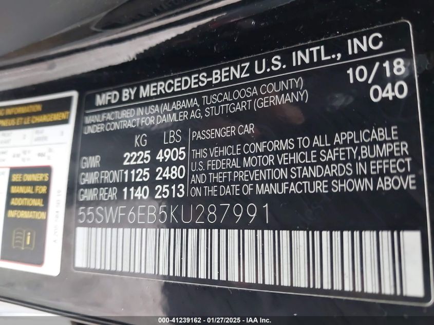 2019 Mercedes-Benz Amg C 43 4Matic VIN: 55SWF6EB5KU287991 Lot: 41239162