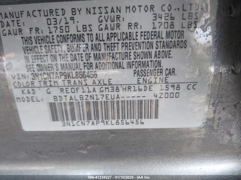 2019 NISSAN VERSA 1.6 SV - 3N1CN7AP9KL856456