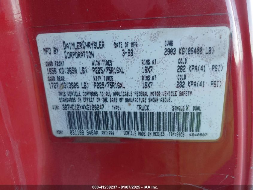 1999 Dodge Ram 1500 VIN: 3B78C12Y4XG190247 Lot: 41239237