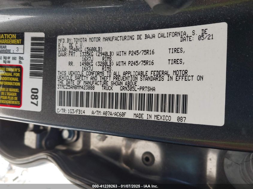 2021 Toyota Tacoma Double Cab/Sr/Sr5/Trd Sport/Trd Off Road/Trd Pro VIN: 3TMCZ5AN8MM423888 Lot: 41239263