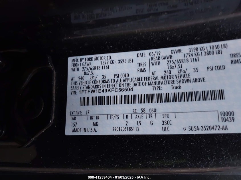 2019 FORD F-150 VIN: 1FTFW1E49KFC56504