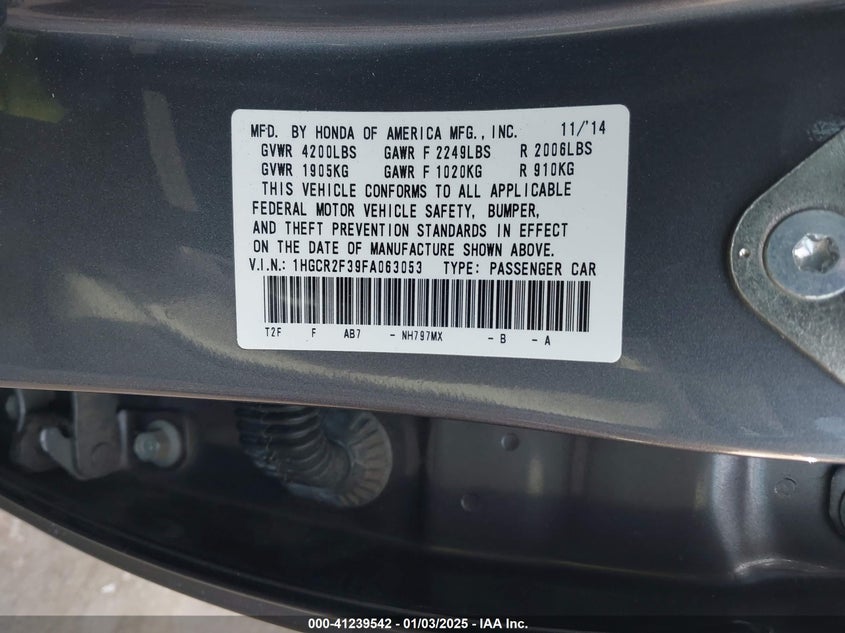 2015 HONDA ACCORD VIN: 1HGCR2F39FA063053