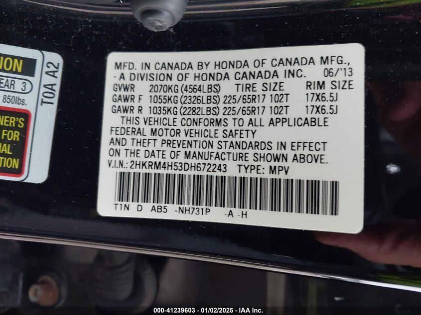 VIN 2HKRM4H53DH672243 2013 Honda CR-V, EX no.9