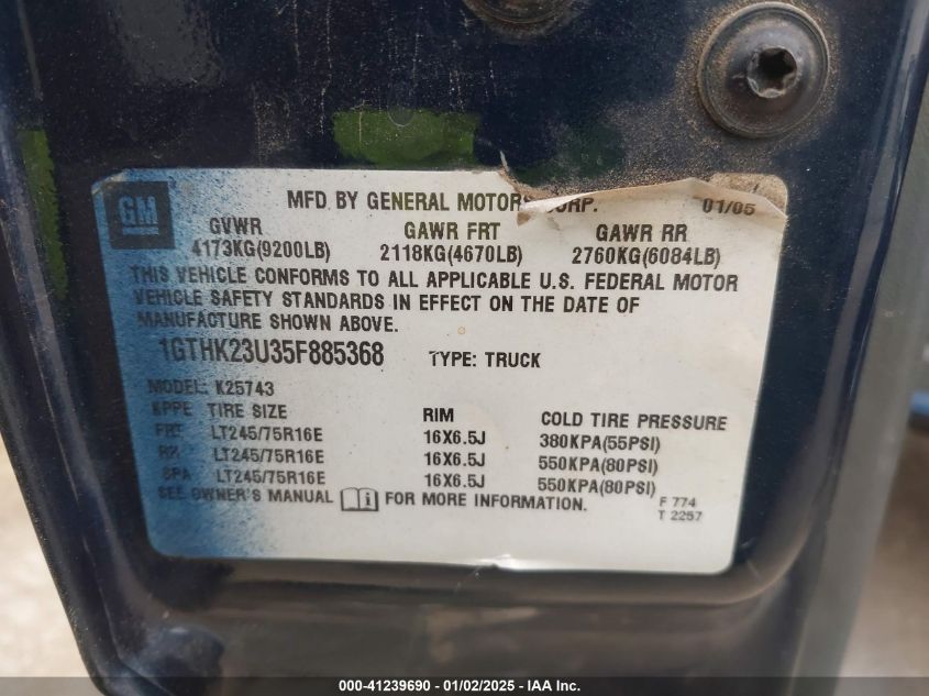 2005 GMC Sierra 2500Hd Sle VIN: 1GTHK23U35F885368 Lot: 41239690