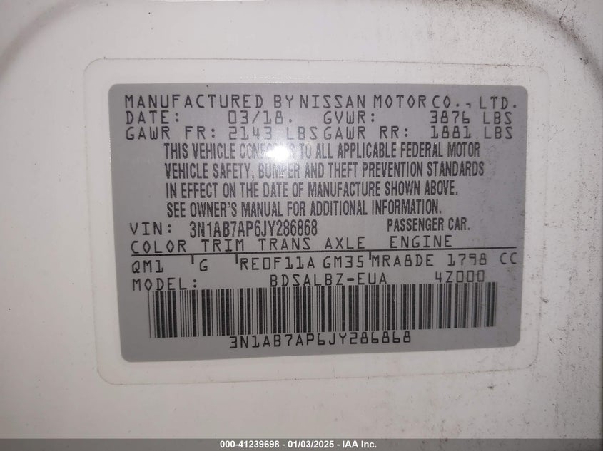 2018 NISSAN SENTRA VIN: 3N1AB7AP6JY286868