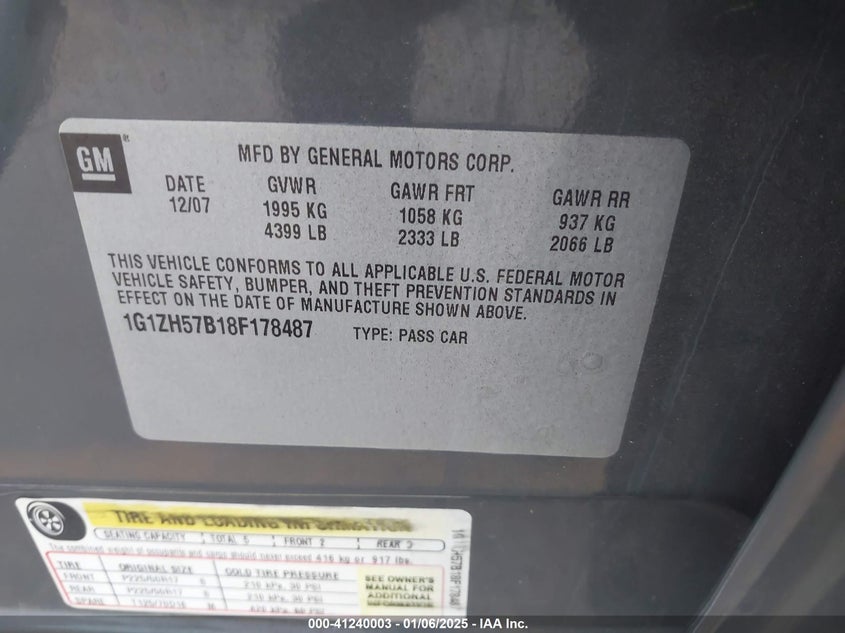 2008 CHEVROLET MALIBU VIN: 1G1ZH57B18F178487