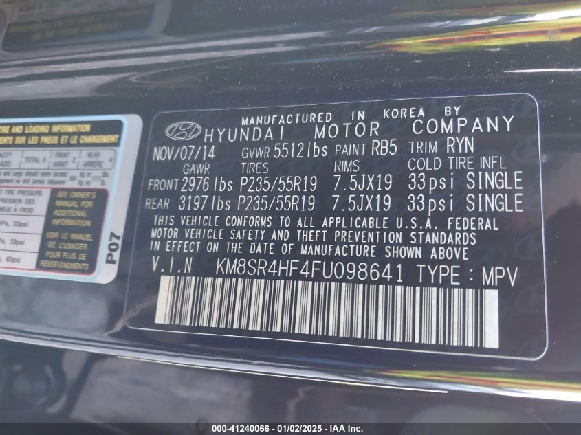 2015 HYUNDAI SANTA FE LIMITED - KM8SR4HF4FU098641