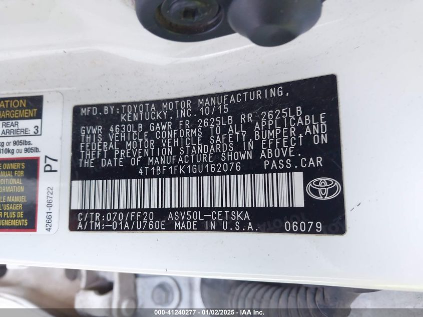 VIN 4T1BF1FK1GU162076 2016 Toyota Camry, SE no.9