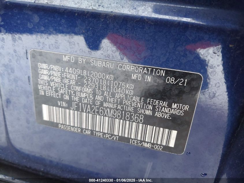 2021 Subaru Wrx Sti VIN: JF1VA2E6XM9818368 Lot: 41240330