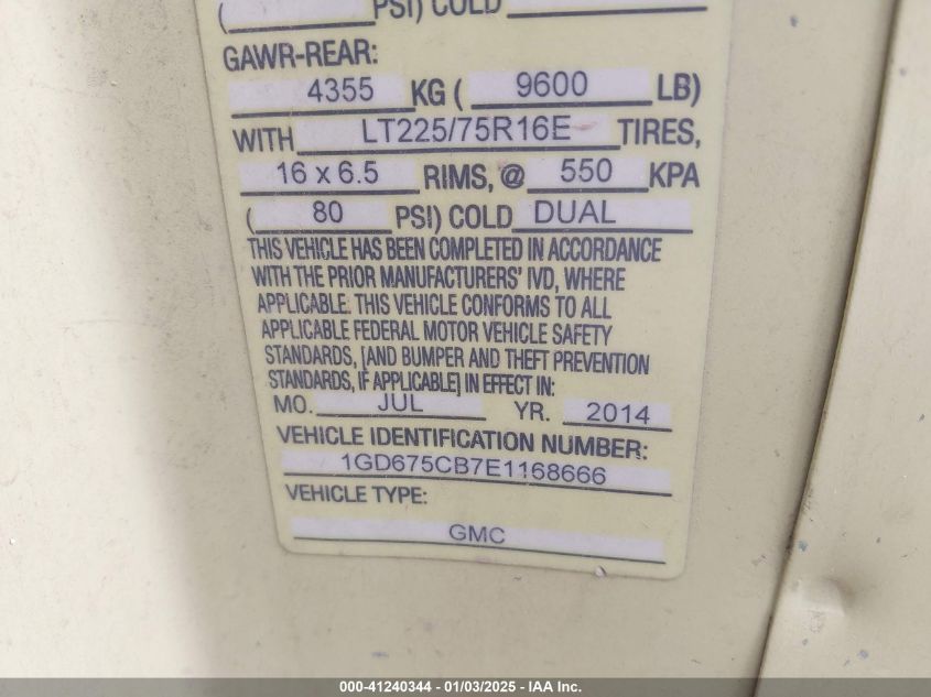 2014 GMC Savana Cutaway 4500 Series VIN: 1GD675CB7E1168666 Lot: 41240344