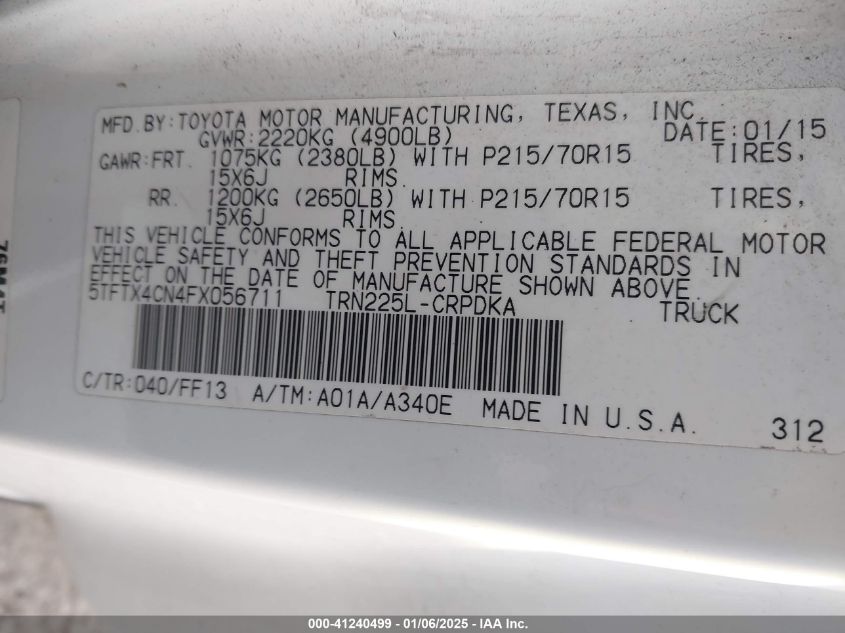 VIN 5TFTX4CN4FX056711 2015 TOYOTA TACOMA no.9