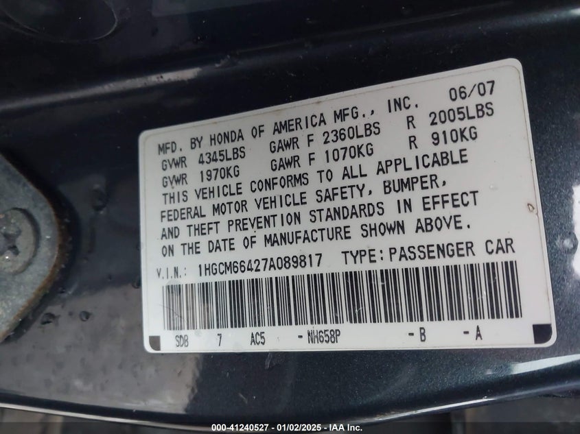 2007 HONDA ACCORD VIN: 1HGCM66427A089817