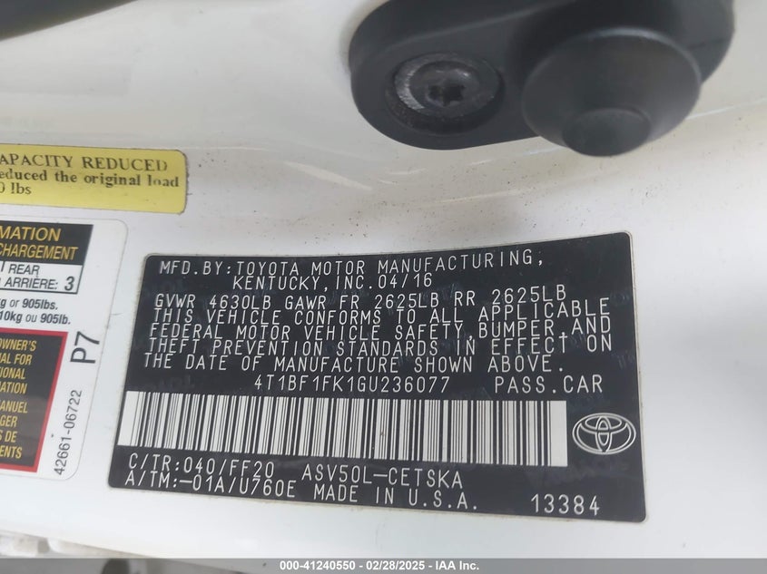 2016 TOYOTA CAMRY VIN: 4T1BF1FK1GU236077