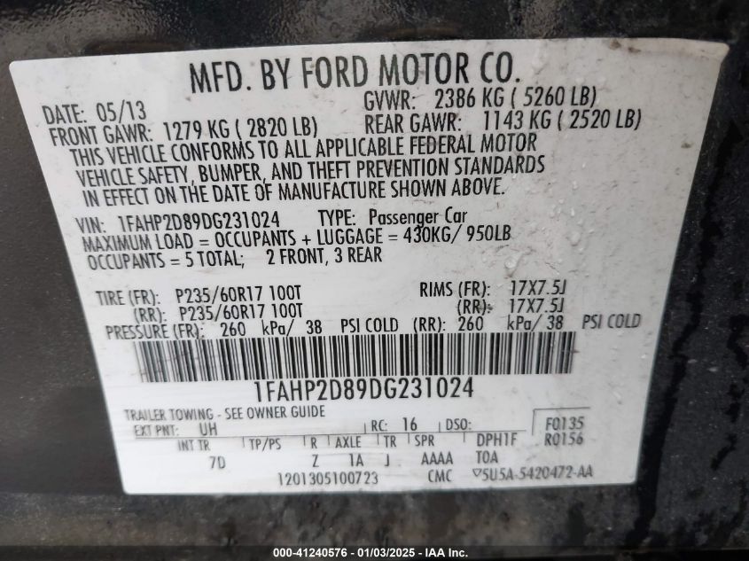 2013 Ford Taurus Se VIN: 1FAHP2D89DG231024 Lot: 41240576