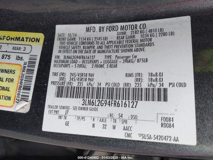 2015 LINCOLN MKZ VIN: 3LN6L2G94FR616127