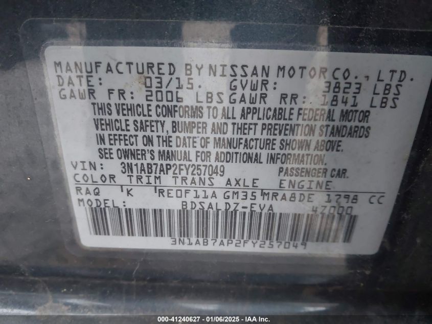 VIN 3N1AB7AP2FY257049 2015 NISSAN SENTRA no.9