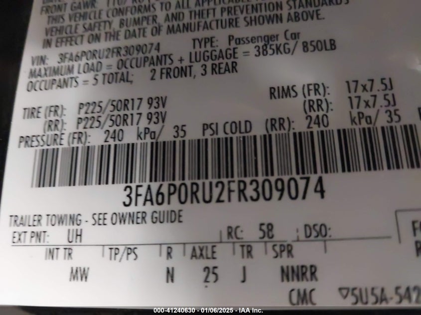 2015 FORD FUSION HYBRID VIN: 3FA6P0RU2FR309074