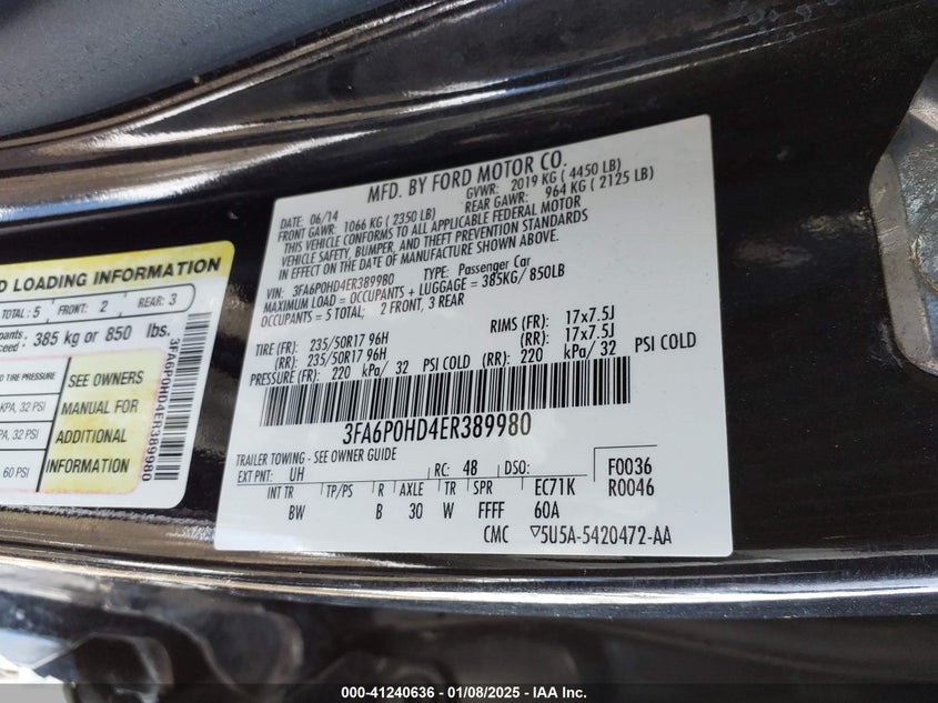 2014 FORD FUSION VIN: 3FA6P0HD4ER389980