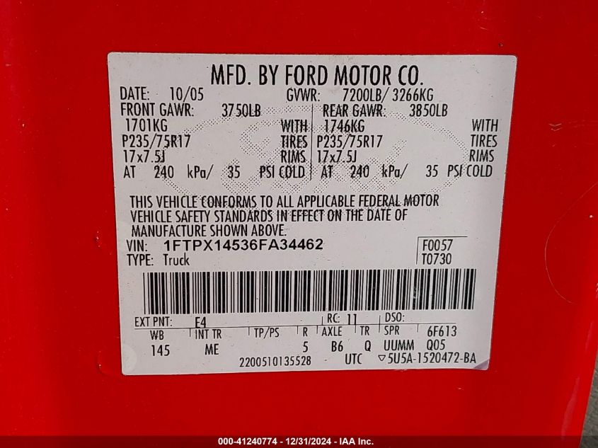 2006 Ford F-150 Fx4/Lariat/Xl/Xlt VIN: 1FTPX14536FA34462 Lot: 41240774