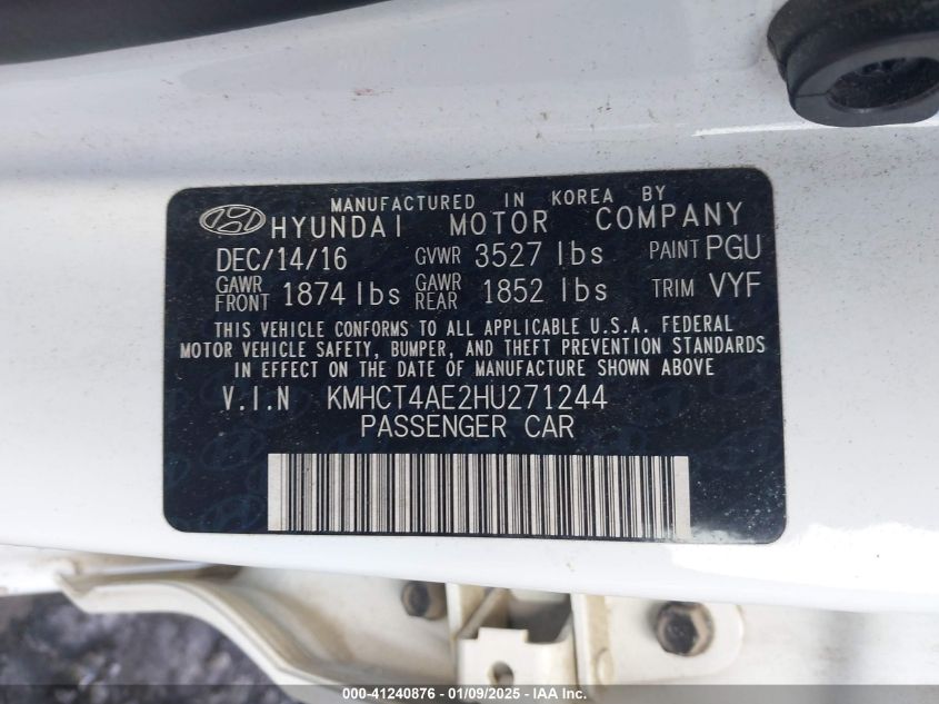 VIN KMHCT4AE2HU271244 2017 Hyundai Accent, Value Ed... no.9