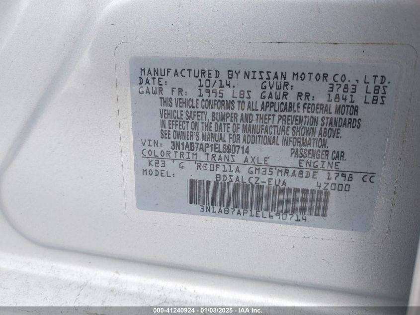 VIN 3N1AB7AP1EL690714 2014 Nissan Sentra, S no.9