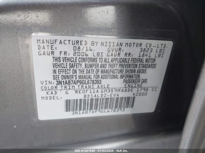 VIN 3N1AB7AP9GL678393 2016 Nissan Sentra, SV no.9