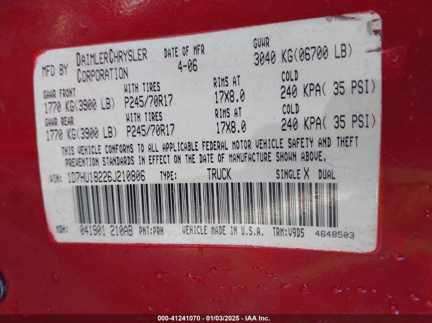 2006 Dodge Ram 1500 VIN: 1D78U18226J210806 Lot: 41241070